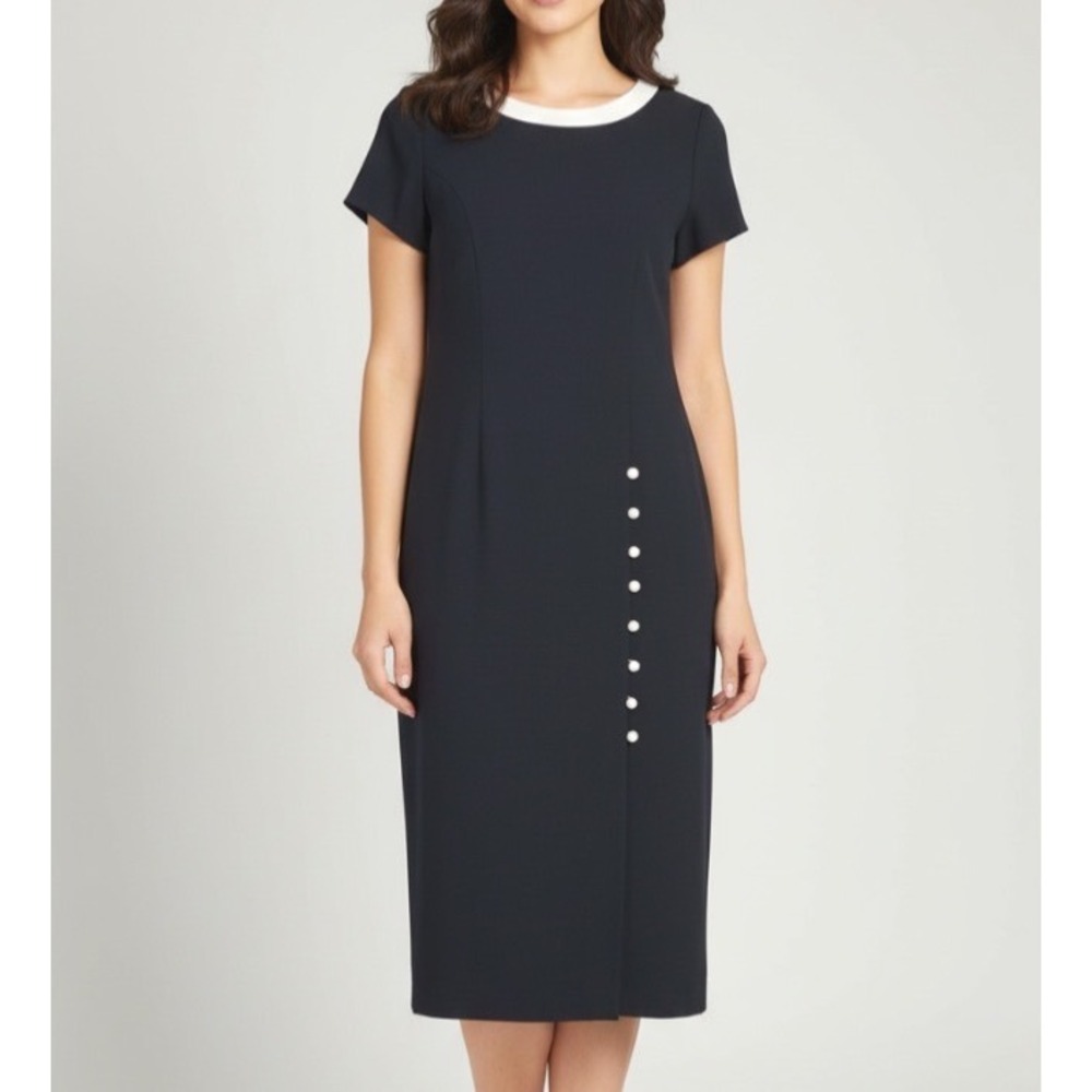 VTG LIZ CLAIBORNE Navy Blue Crepe CRISS CROSS BACK Sheath Dress 8P, XS/S 34"Bust